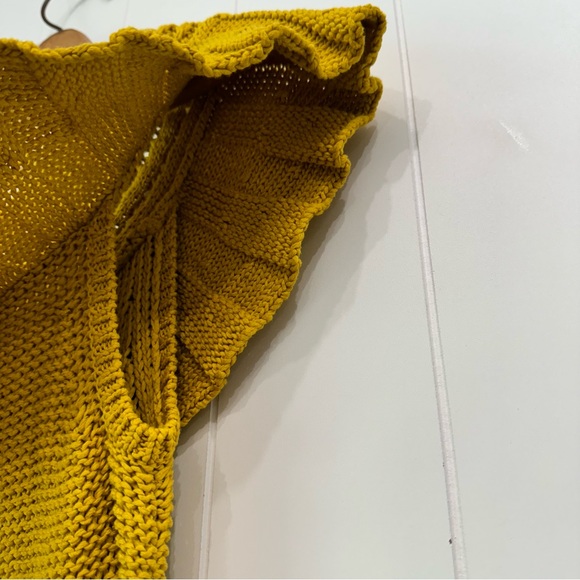 Anthropologie Off The Shoulder Ruffled Knit Cotton Sweater Mustard Crochet M - Picture 6 of 14